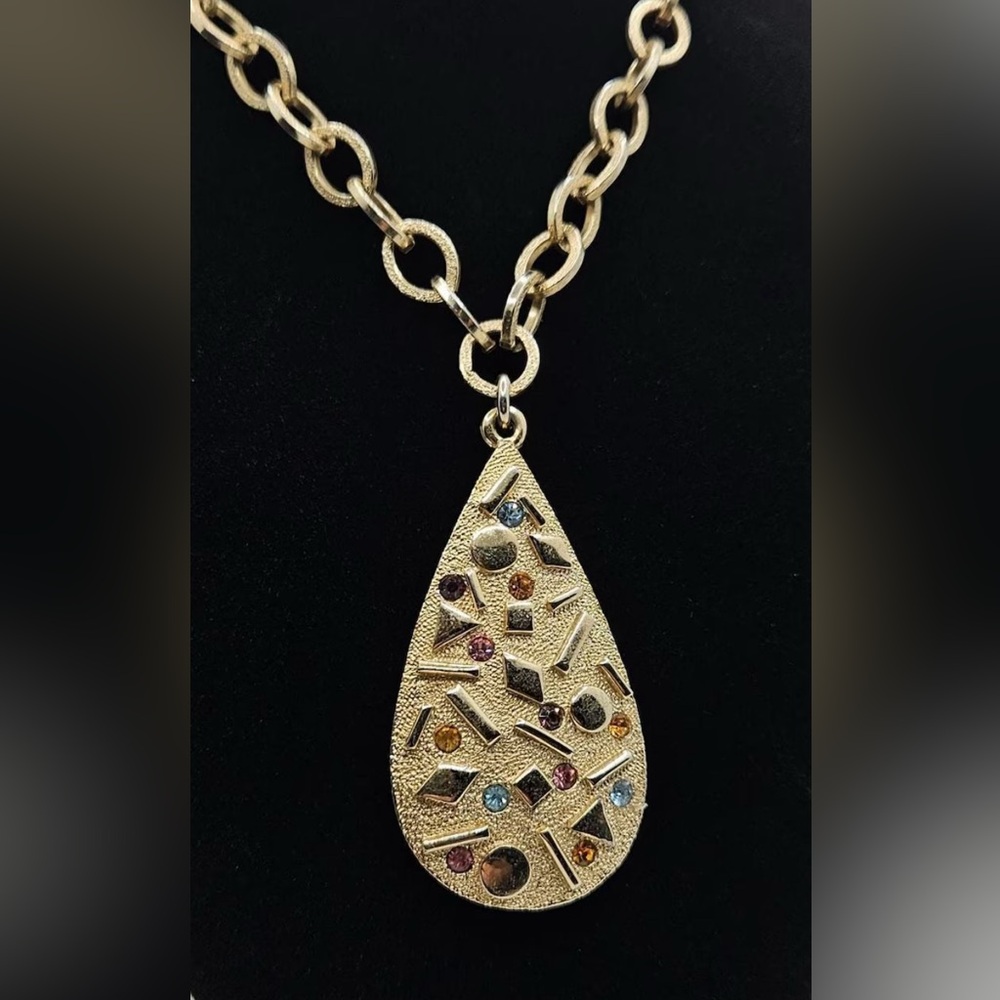 Vintage Sarah Coventry Goldtone Teardrop Pendant Necklace with Multicolor Stones - Picture 1 of 6